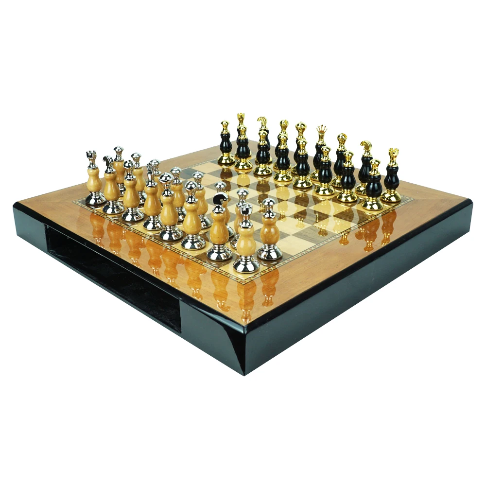 

Customized Luxury Wooden Chess Box Set Black Gold Metal Chess Pieces Large Chess Gift Set