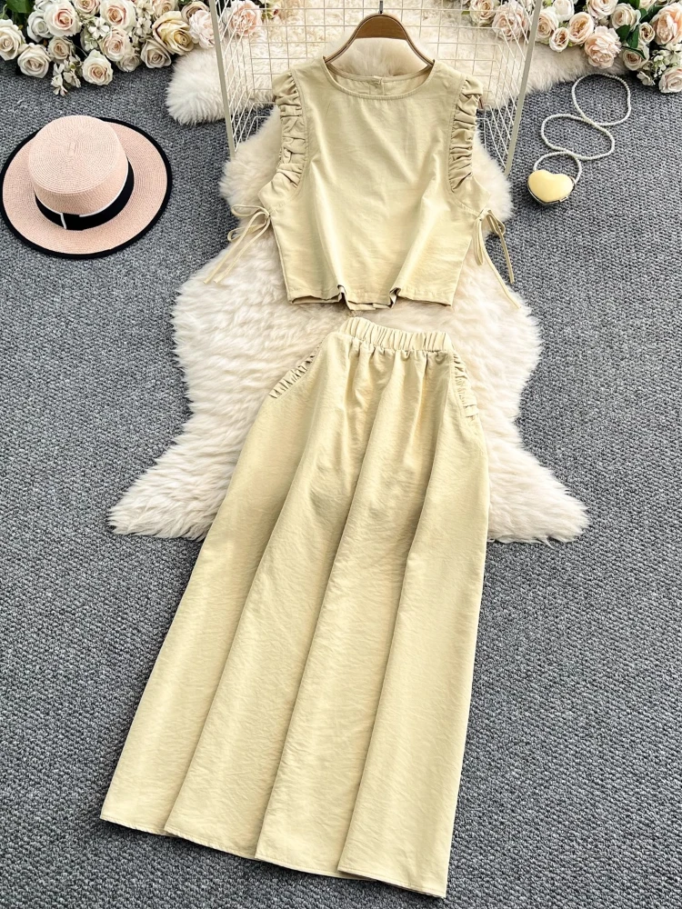 

Fashion Design Matching Sets Pleated Sleeveless Bow Crop Tops+high Waist Long Skirts Solid Color Female Slim 2025 Women Clothing