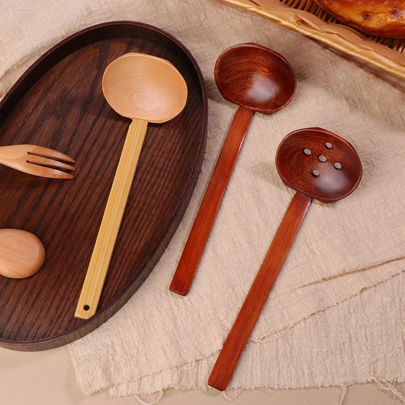 Japanese Style Wooden Long-Handled Soup Spoon Lamian Noodles Spoon Hot Pot Strainer Household Kitchen Cooking Accessories