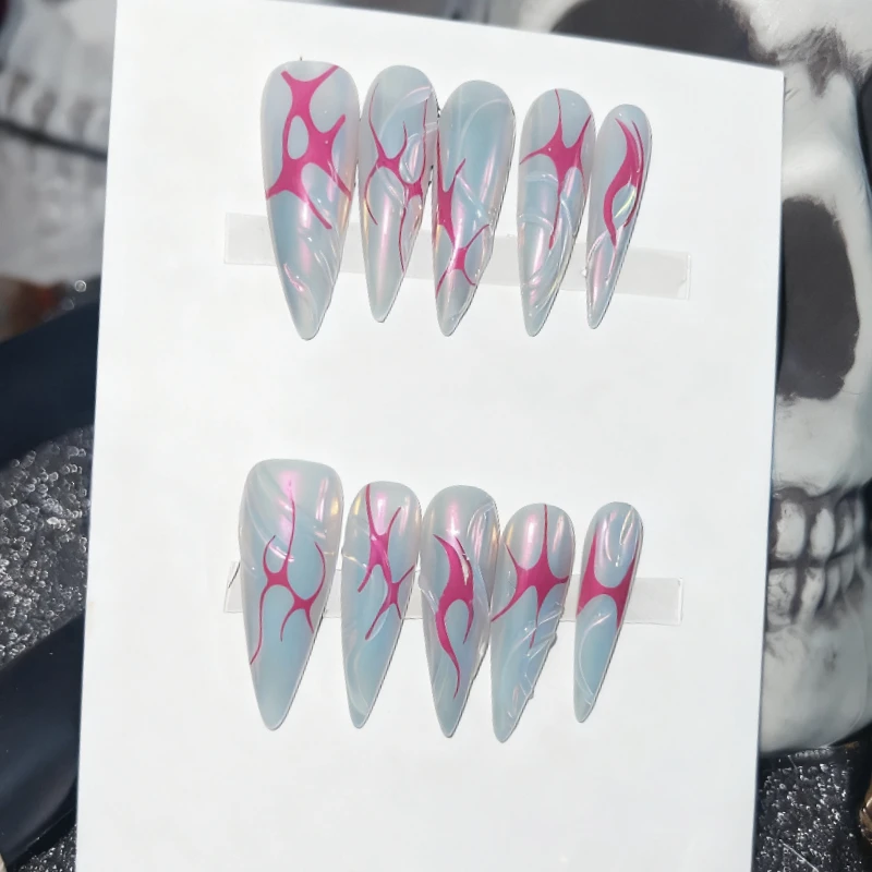 10개입 골드 나비 프레스온 네일 스틸레토 수제 캣아이 웨이브 라인 글리터 미니멀리스트 데일리 인조 손톱