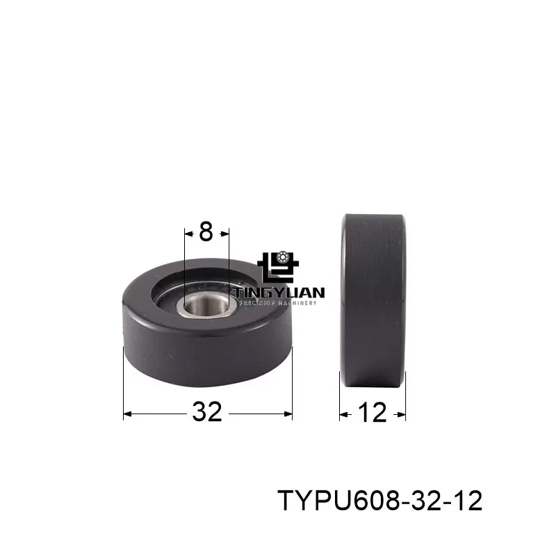 Polyurethane Roller TYPU608-32-12mm  Flat Type ID8 OD32 TPU 1pcs  Black Wheel Roller Pulley With 304 Screws  Guide Wheel