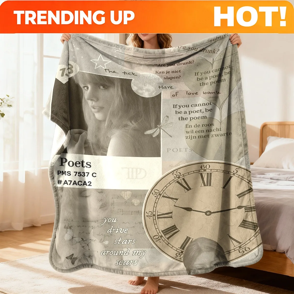 Customize ZLIENSZUS TS Poets & Stars Flannel Throw Blanket | Soft Vintage Newspaper Print with Song Lyrics, All-Season Cozy Poly