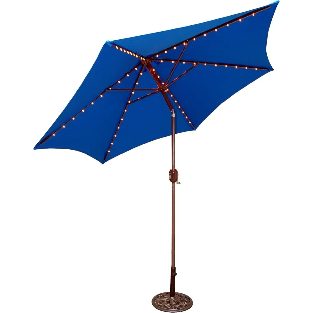 

LED Lighted 9 ft Bronze Aluminum Market Umbrella with Royal Blue Polyester Cover