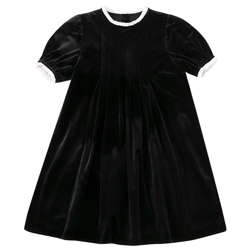 Children's Spring/Summer Preppy Dress Black Velvet Short Sleeve Children's  Princess Dress Show Dress