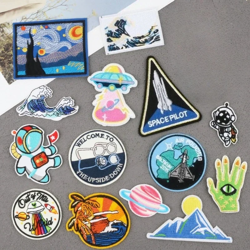 

Iron Astronaut Embroidery Cloth Sticker Spaceship Clothes Patch Sticker Sea Wave Cartoon Mushroom Head Embroidery