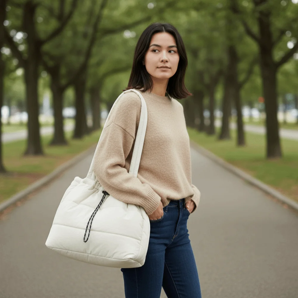 

Lightweight Puffy Quilted Tote Bag Versatile Down Drawstring Shoulder Bag Soft Nylon Large Capacity Underarm Bags Women