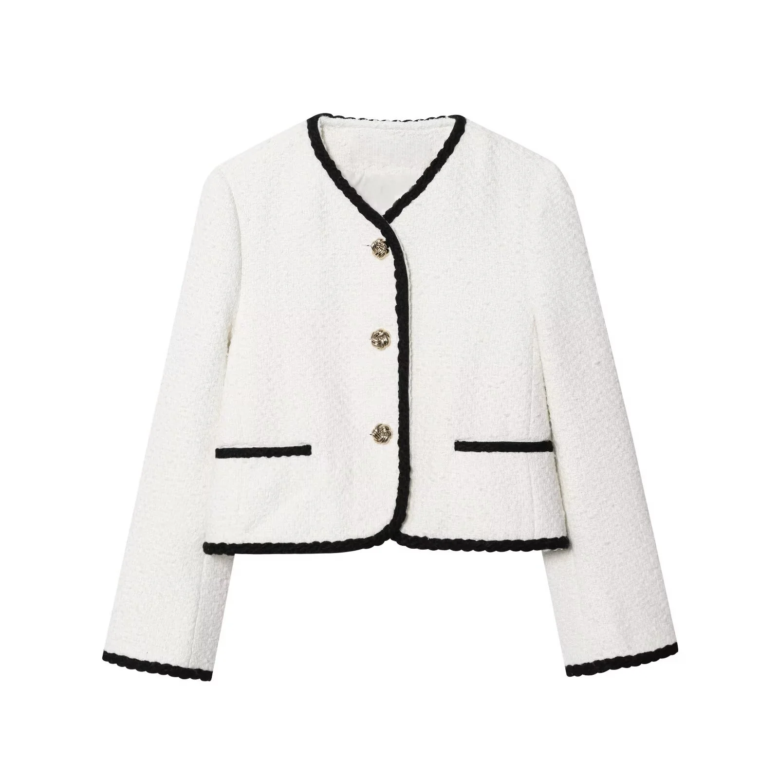 

2025 autumn new women's casual fashion temperament simple long-sleeved round neck contrast color button short jacket