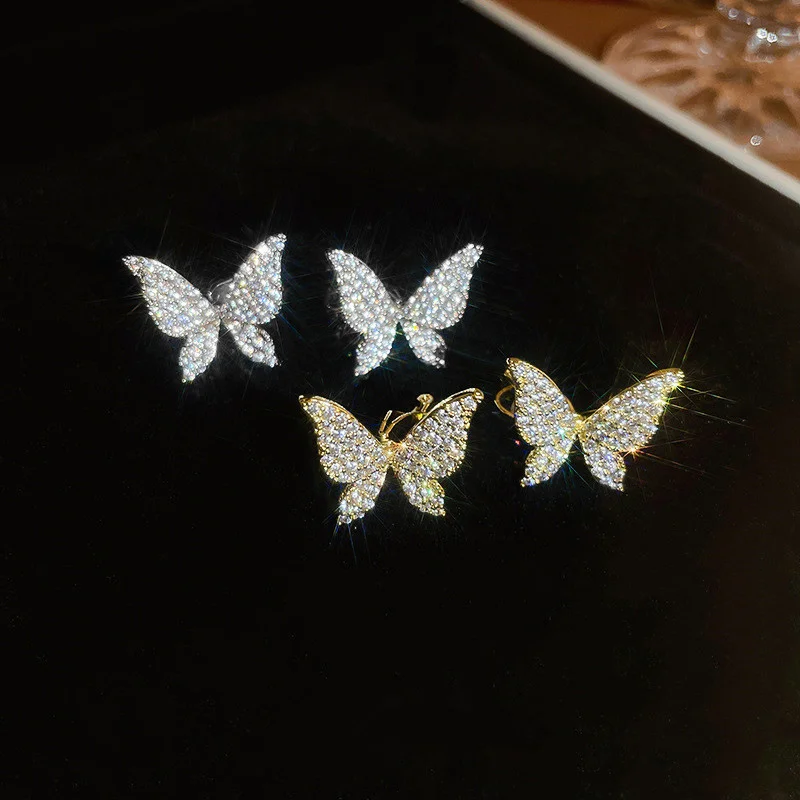 Huitan التسلق إدراج أقراط Clip النساء فراشة غير ثقب الأذن كليب المبهر زركونيا اكسسوارات لسيدة شيك مجوهرات #6