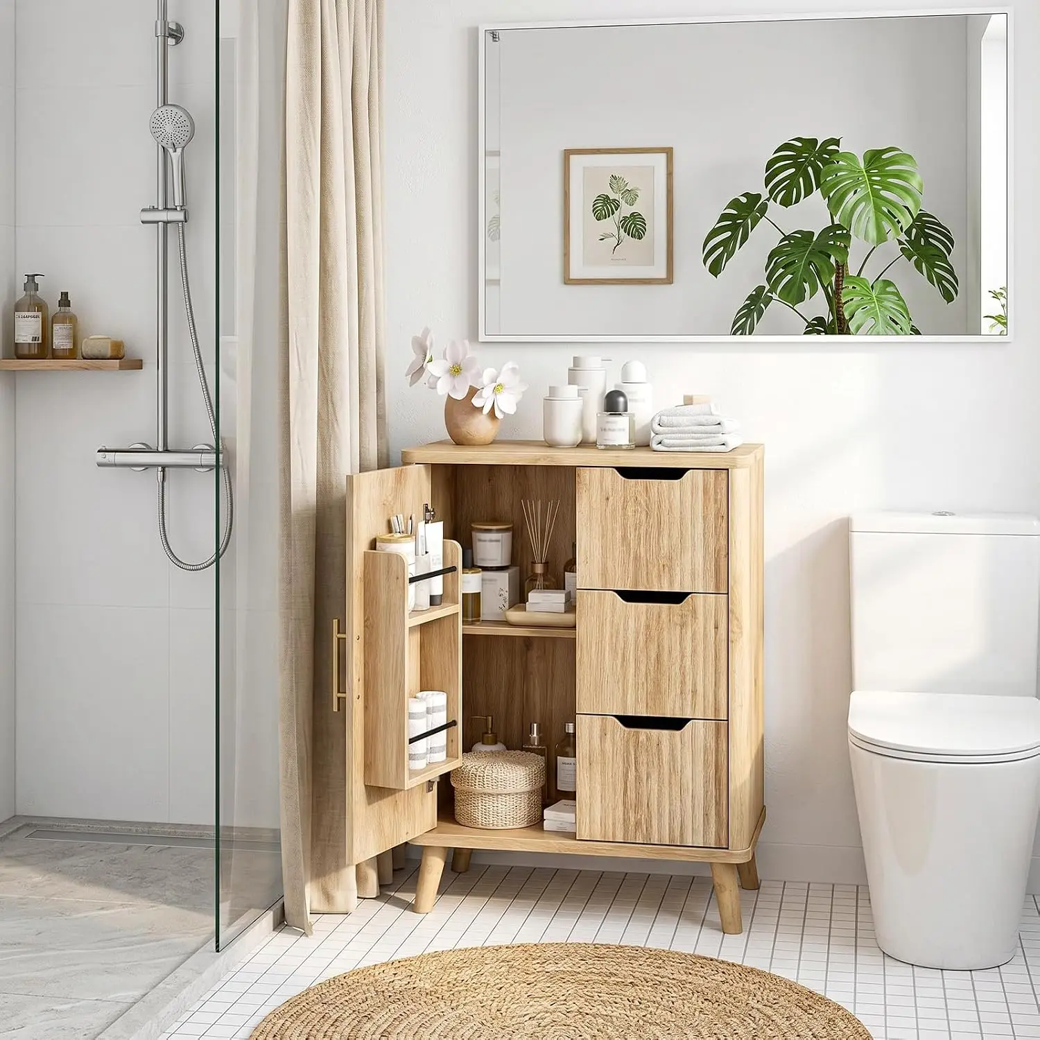 Bathroom Cabinet, Fluted Bathroom Storage Cabinet, Freestanding Floor Cabinet with Door Shelves, Drawers & Adjustable Shelf, Modern Bathroom Organizer for Bathroom, Kitchen, Natural