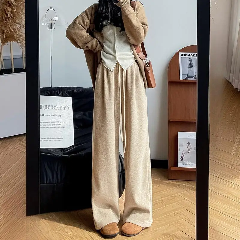 

Широкие брюки Reen для девочек, женские зимние шерстяные скандинавские нежные теплые брюки с тисненой подкладкой, классические плюшевые брюки из шерпы в полный рост