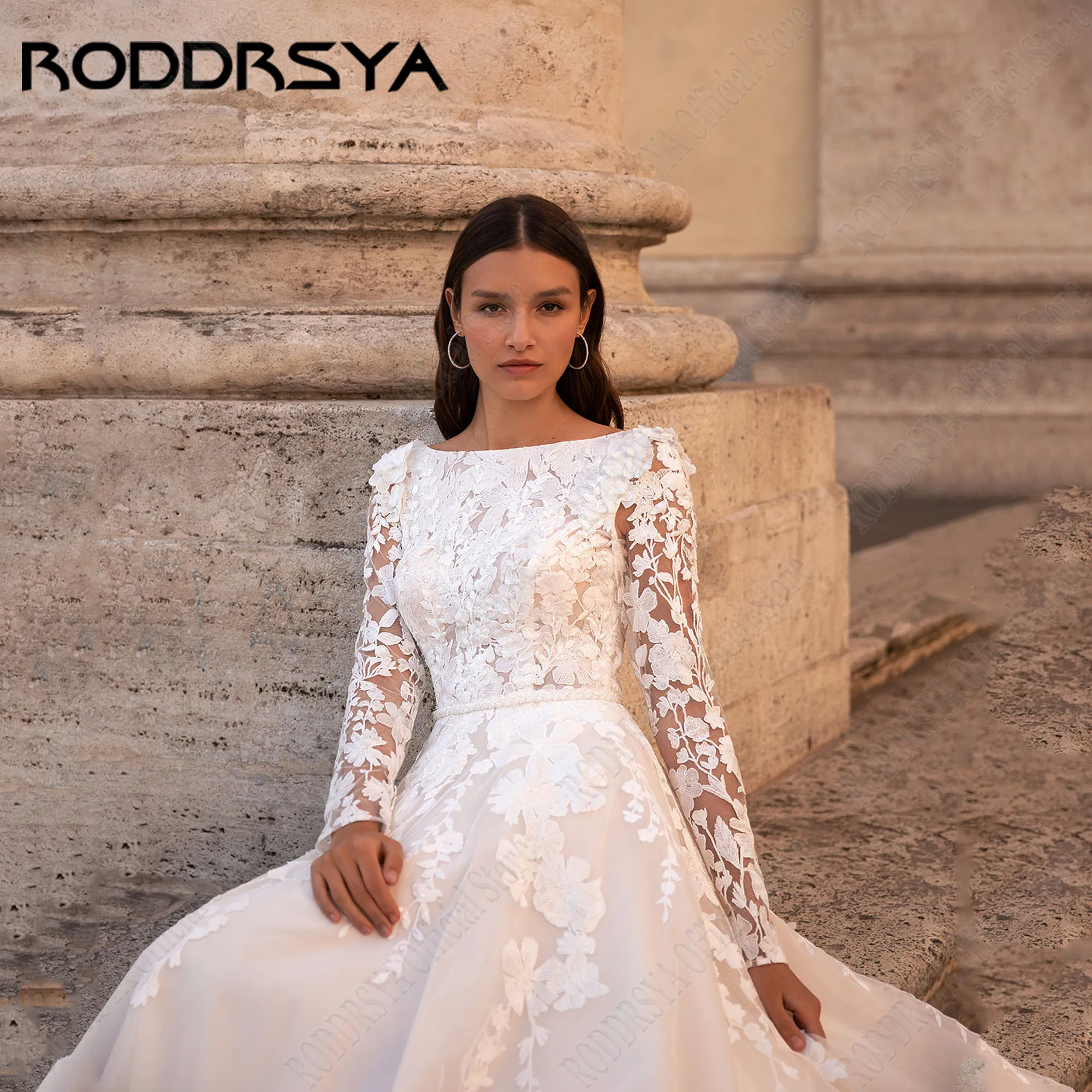 RODDRSYA Muslim Wedding Dresses 2024 Bride Long Sleeves Beading A-Line Lace Bride Gowns Applique Vestido De Novia Customized