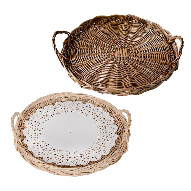 Vietnamese Wicker Basket Rattan Storage Tray Round Basket with Handle Hand-Woven Rattan Tray Bread Fruit Food Storage Basket