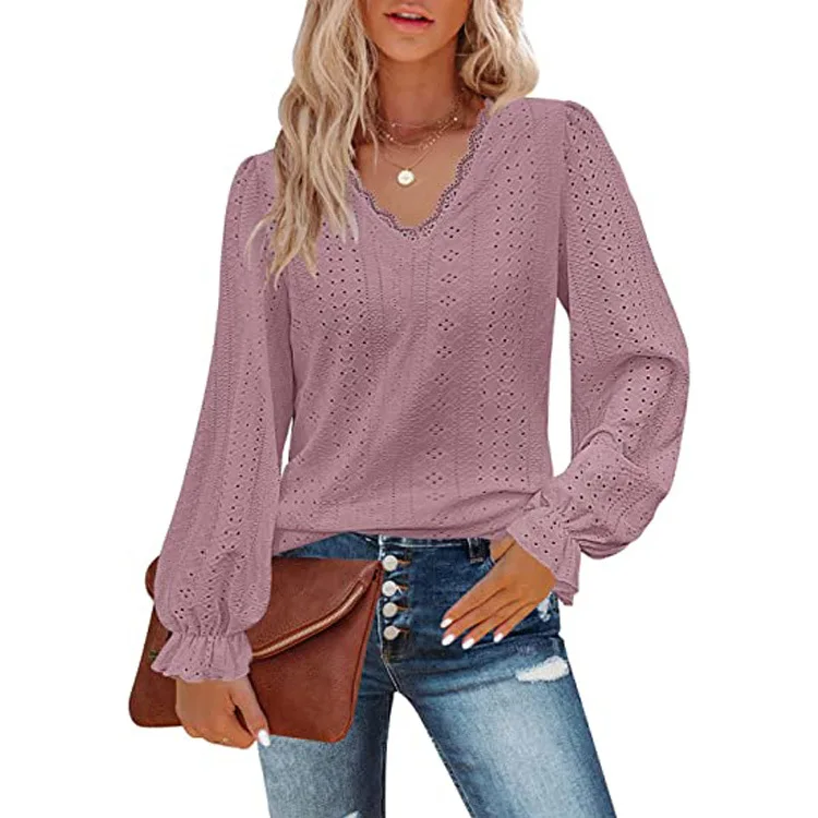 

New Women's V-neck T-shirt Autumn Hollow Casual Pleated Sleeve Top Shirt Spring and Autumn Female Fashion Long Sleeve Tops Lady