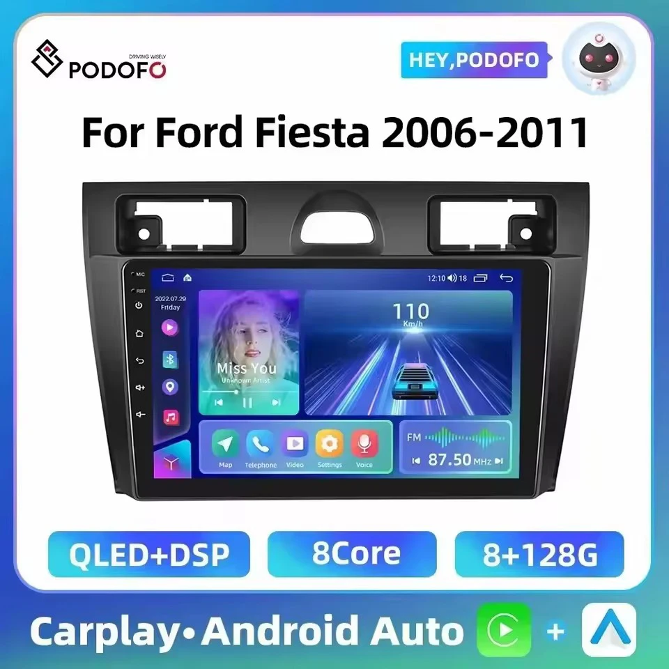 Podofo 8 + 128G Android Auto Stereo Für Ford Fiesta 2006-2011 Autoradio Carplay 4G WIFI Android Auto