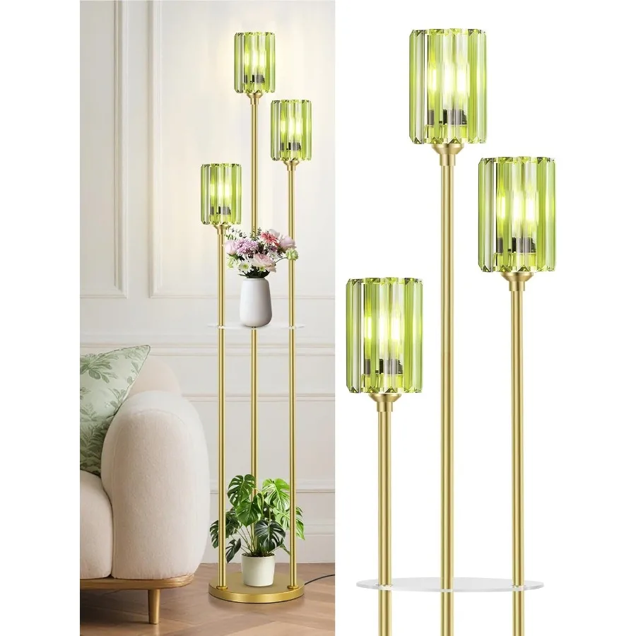 

Gold Floor Lamps for Living Room Modern Floor Lamp with Shelves Mid Century Crystal Standing Lamps with Table Brass Tall Lamp w