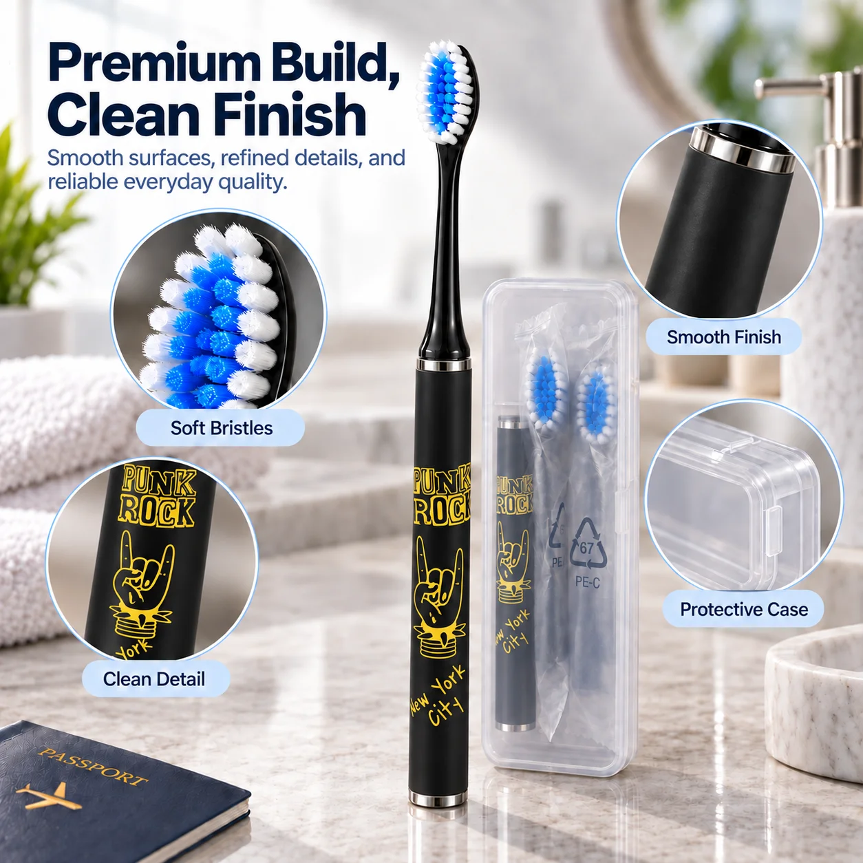 Travel Toothbrush Set with Storage Case, Manual Toothbrush with 2 Replacement Brush Heads, Random Color Heads, Compact & Portable for Travel, Dormitory & Camping
