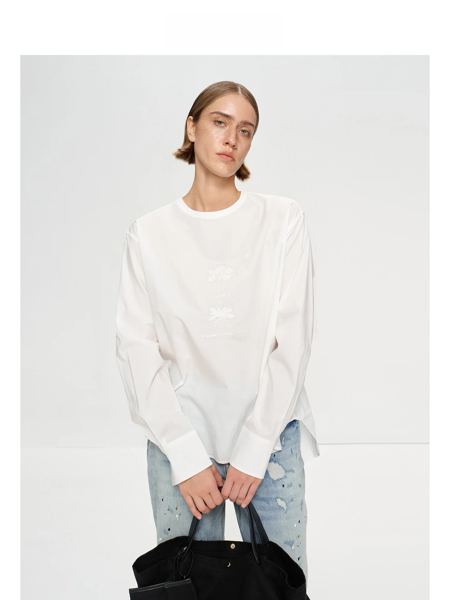 

Женский пуловер Mincollection из дышащей смесовой хлопковой ткани с вышитым цветочным узором, длинный рукав