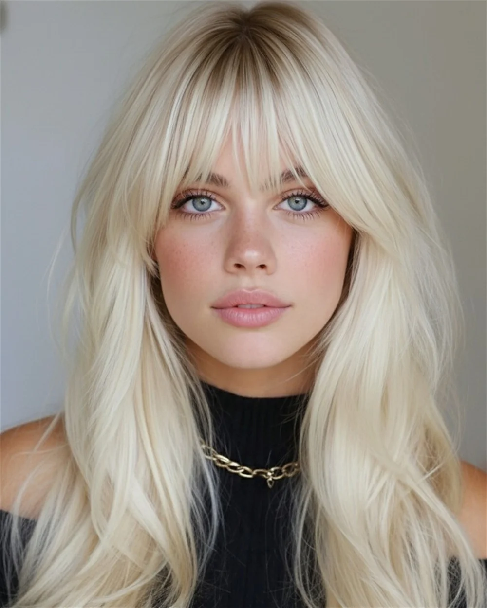 Natural Straight Platinum Blonde Synthetic Wigs for Women Ash Rooted Layered Wigs With Bangs Daily Party Heat Resistant Fiber