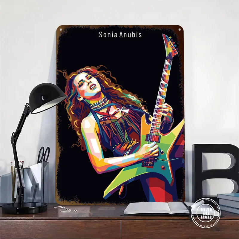 Sonia Anubis Playing Electric Guitar Personalized 3D Textured Metal Poster Wall Art Vintage Tin Signs for Home Decoration Room