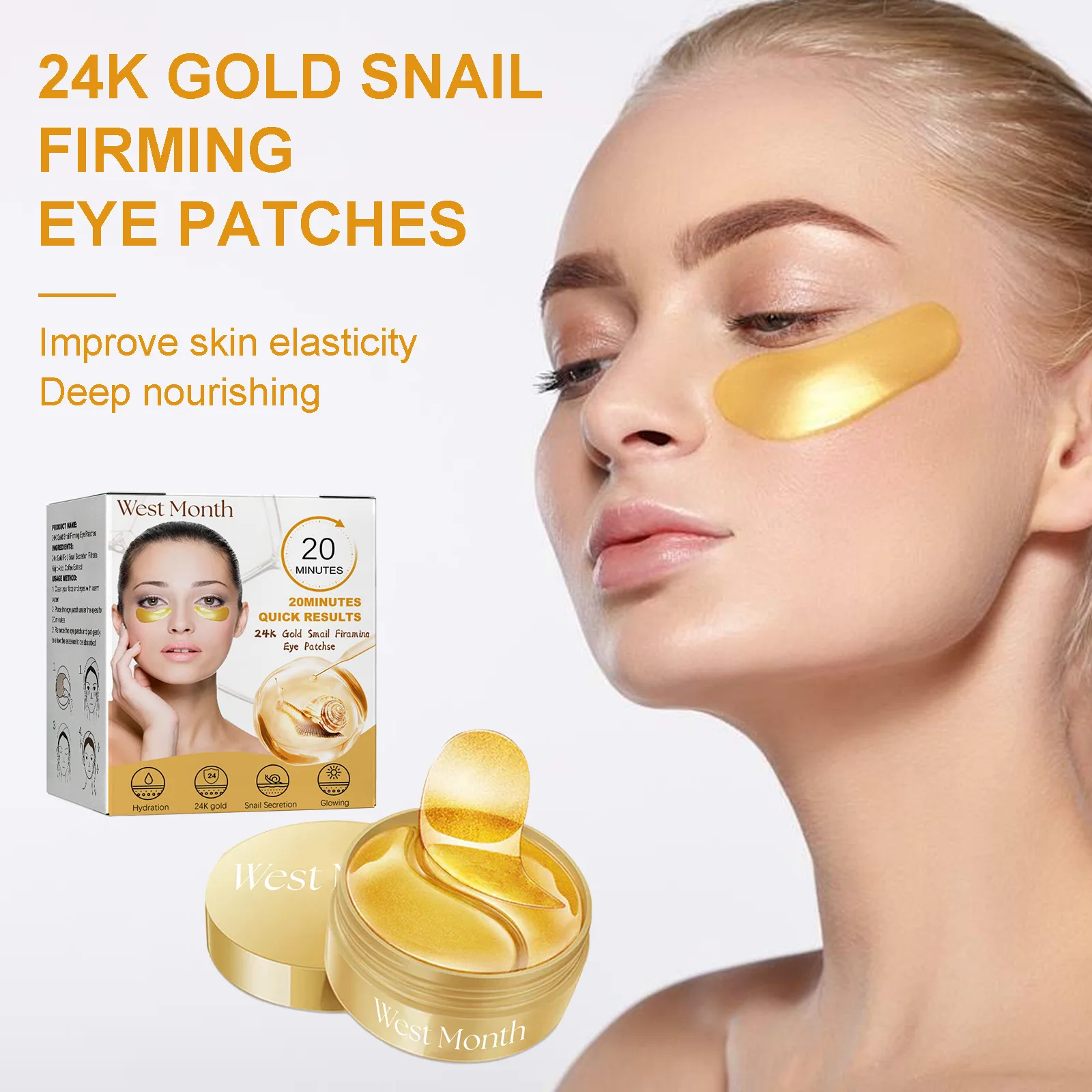 24K Gold Snail Eye Mask Remove Dark Circles Eye Bags Fade Puffiness Fine Lines Firm Moisturizing Hydrating Collagen Eye Patches