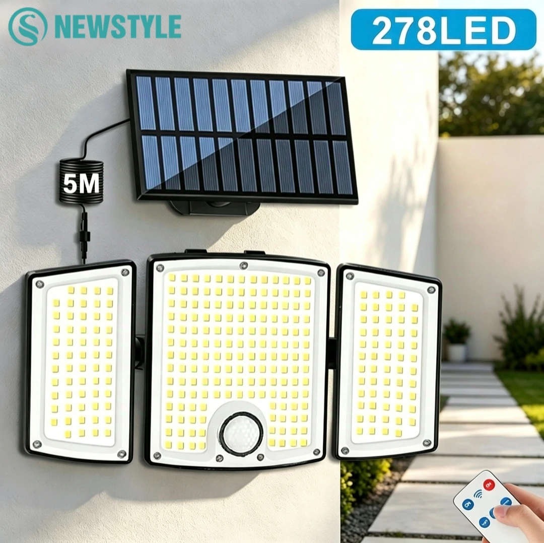 278LED Solar Flood Lights Outdoor Motion Sensor Security Lights 3 Heads Solar Outdoor Lights Waterproof for Patio Yard Garage