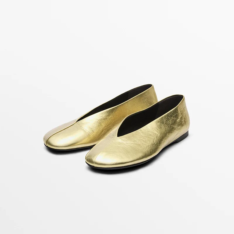 

Withered Minimalist Women's Shoes Leather Flat Bottomed French Shallow Mouth Soft Soled Ballet Shoes Gold Shoes Grandma Shoes