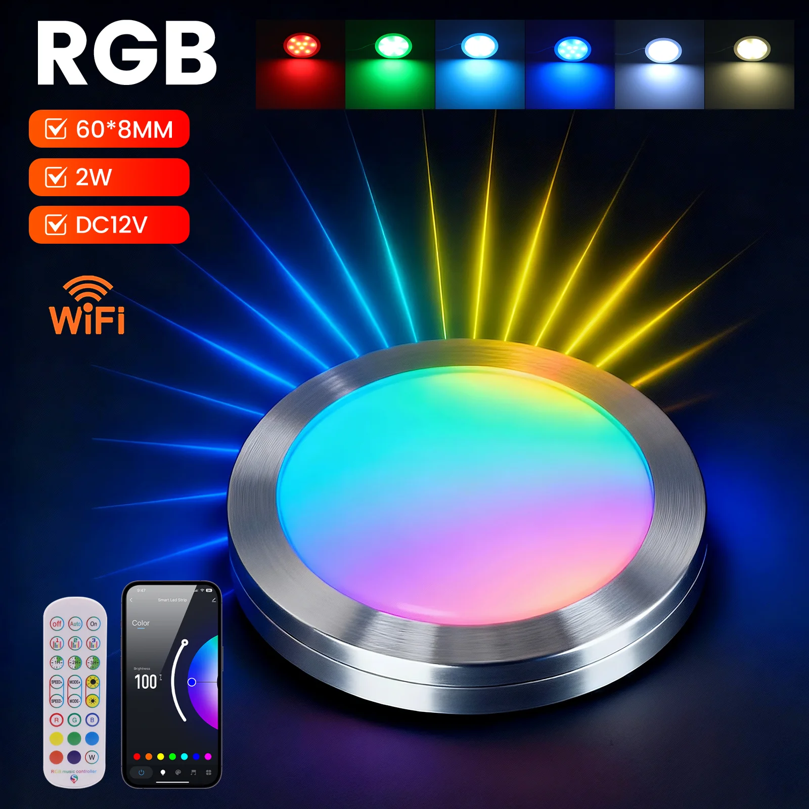Tuya WiFi Smart RGB LED Under Cabinet Light DC 12V Ultra-Thin Round Lamp Decor Night Light for Kitchen & Furniture