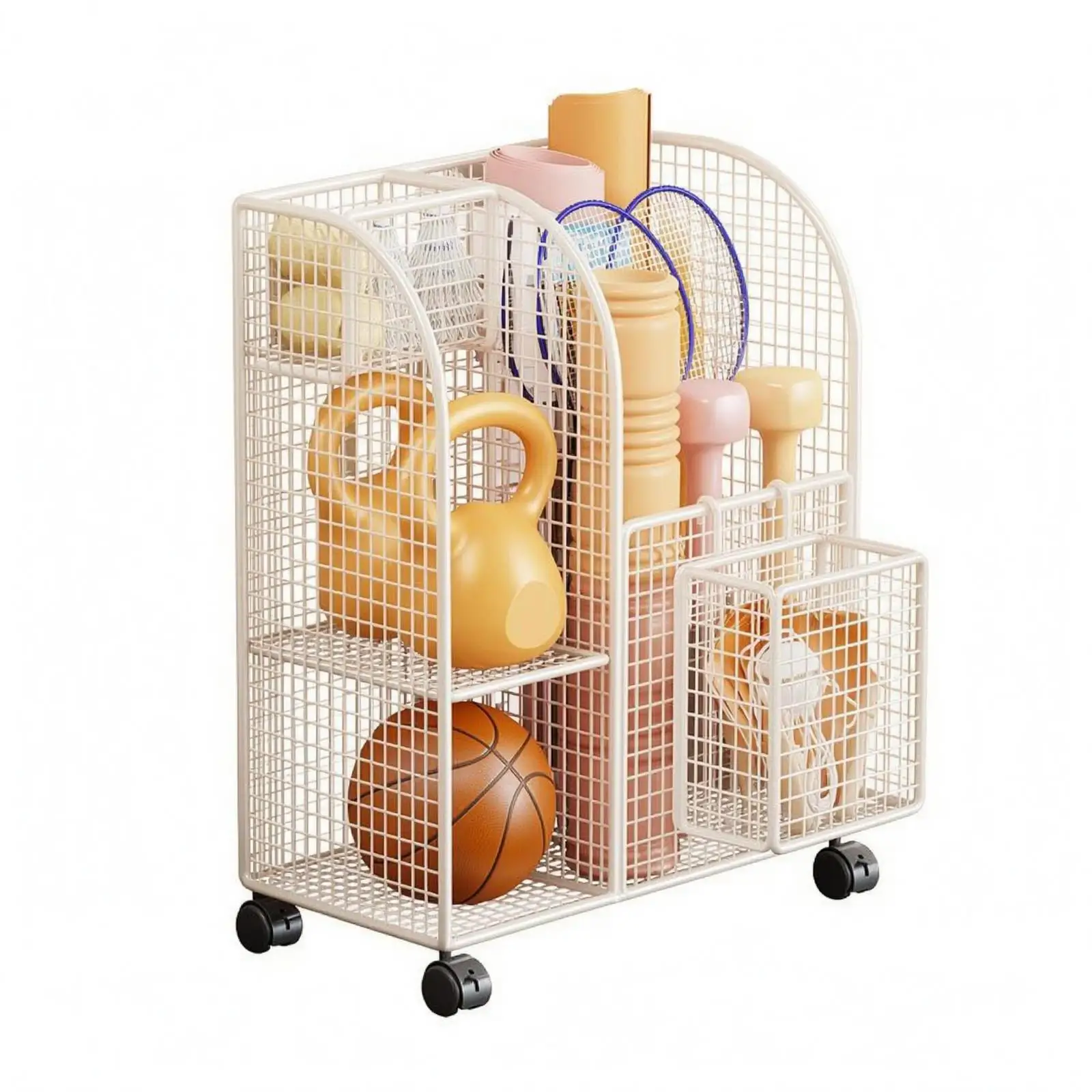 Multi Section Metal Wire Storage Cart for Sports Gear and Yoga Mats with Rolling Base for Home Fitness Equipment Organization view 2