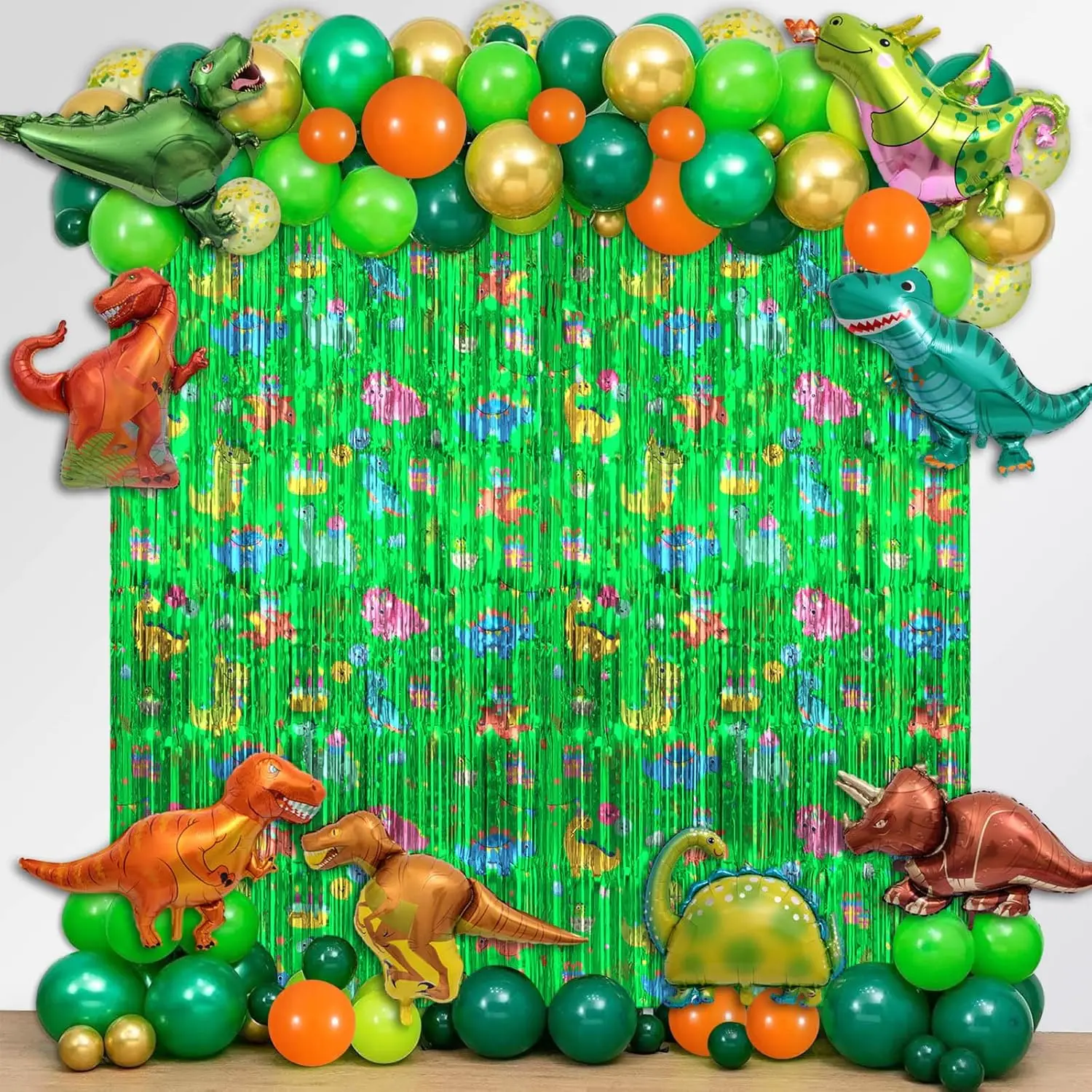 104PCS Dinosaur Party Decorations Dinosaur Themed Foil Fringe Curtains Party Set Backdrop for Boys Photo Booth Props Dino Party