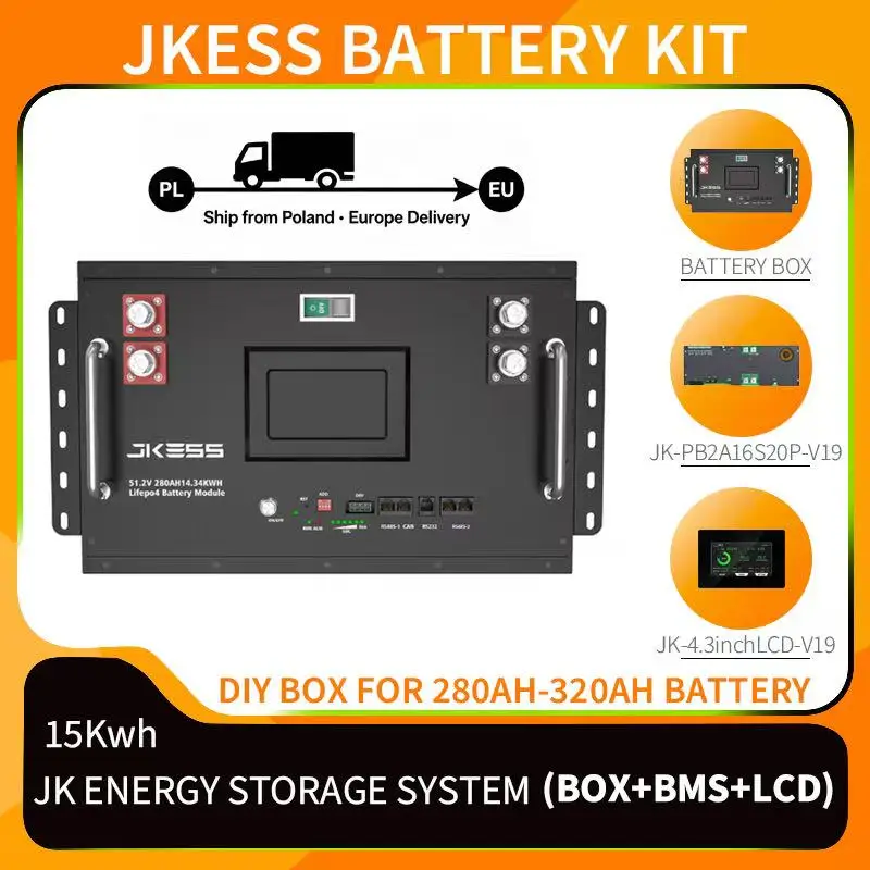 Boîtier de batterie LFP JKESS 15KWH avec JKBMS PB2A16S20P, écran 4,3 pouces, compatible avec les cellules 280AH-320AH, stock local UE, expédition depuis la Pologne