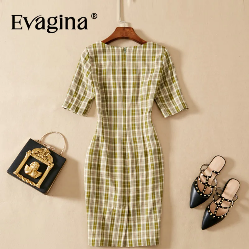 Evagina Checkered Printing Mini Dress 2024 Spring Summer New Women's Short Sleeve Commuter Office Lady Dresses