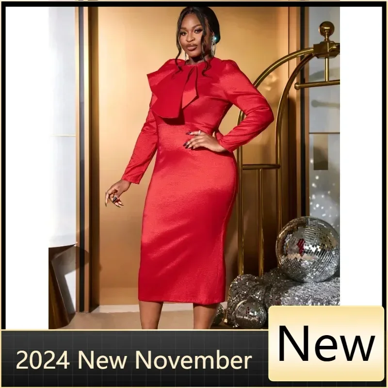 

Customized Elegant Red Christmas Evening Party Gowns For Women Bow Tie Mock Neck Long Sleeve Sheath Slim Dress Autumn Winter Ban