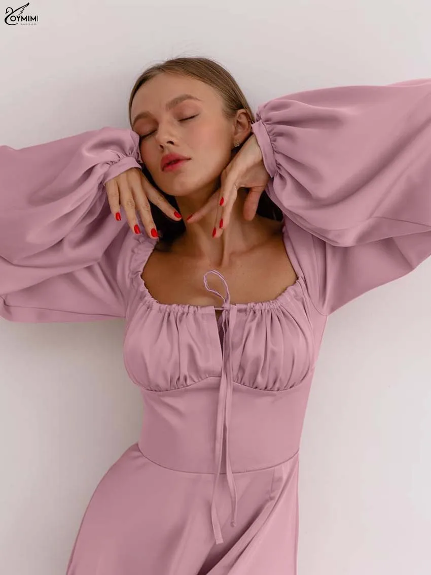 Oymimi Fashion Zielone Satynowe Sukienki 2025 Kobieta Elegancka Kwadratowy Dekolt Długi Rękaw Sznurowana Sukienka Codzienna Rozcięcie Boczne Sukienka Do Ziemi