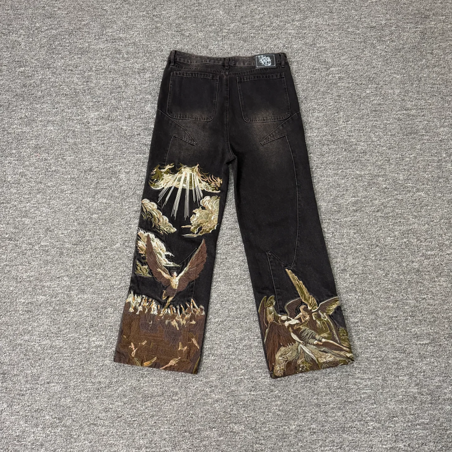 American High Street Heavy Embroidery Pattern Jeans Casual Straight Leg Long Trousers for Men And Women Hip Hop Loose Fit