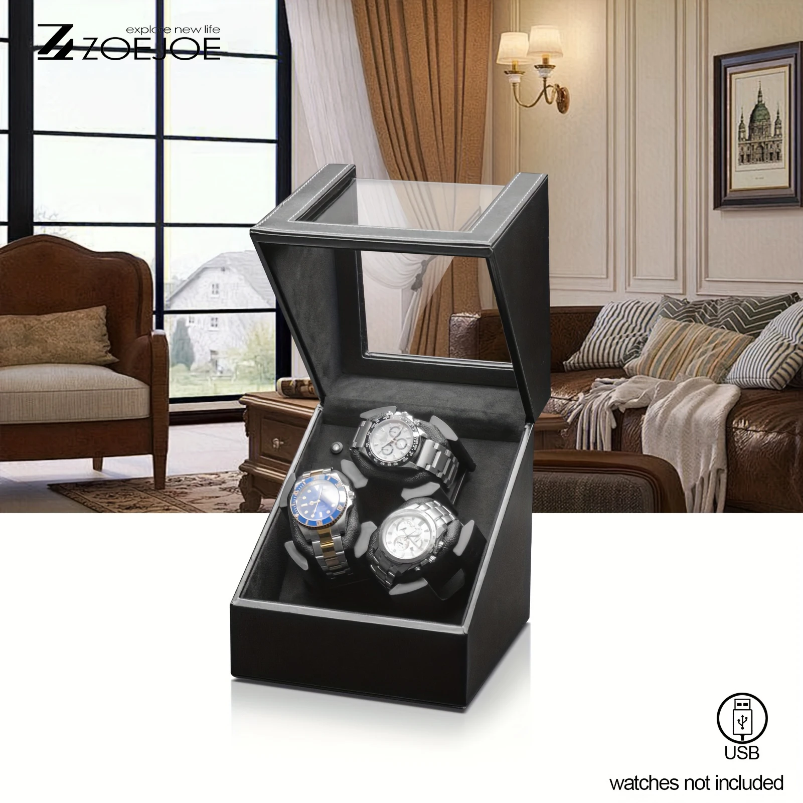 

ZOEJOE 3 Slots Automatic Watch Winder Pu Leather Clear Cover USB Cable Low Noise Watch Winder Box Birthday Gifts For Men Women