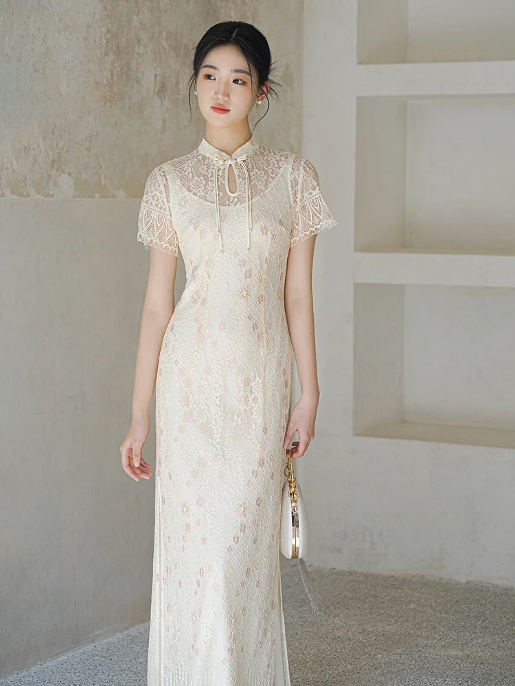 

Элегантное кружевное ажурное свадебное платье-ципао в китайском стиле для женщин, летнее модное тонкое платье из нейлона и спандекса