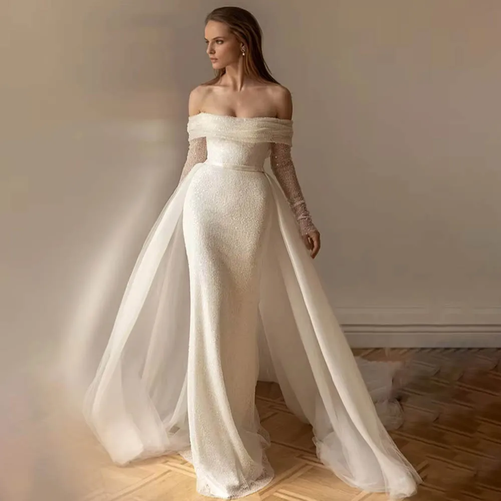 Customized Off-Shoulder  Wedding Dress For Woman Bride Three Quarter Sleeveless  Removable Skirt Floor Length Bridal Gown