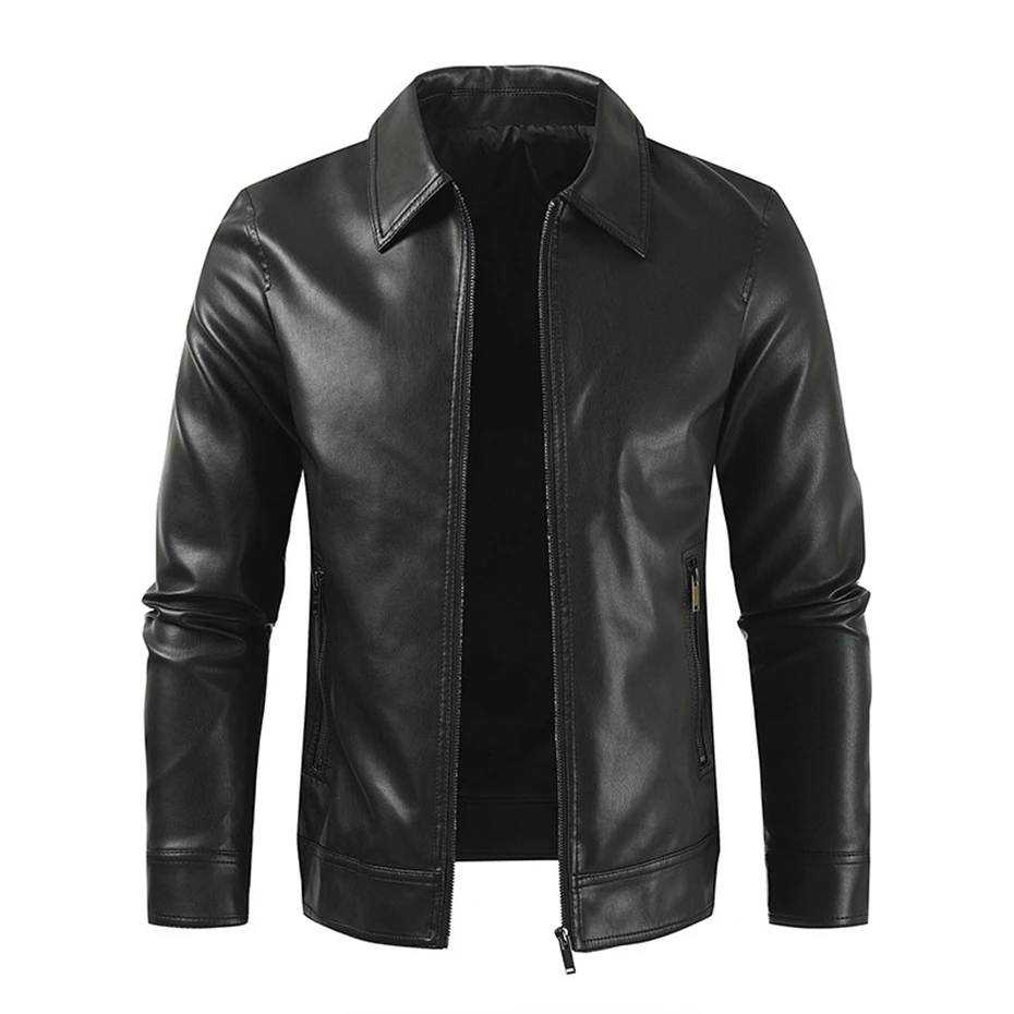 Casual PU Jacket Men Solid Color PU Coat Spring Autumn Turndown Collar Jackets Male Faux Leather Coats Black