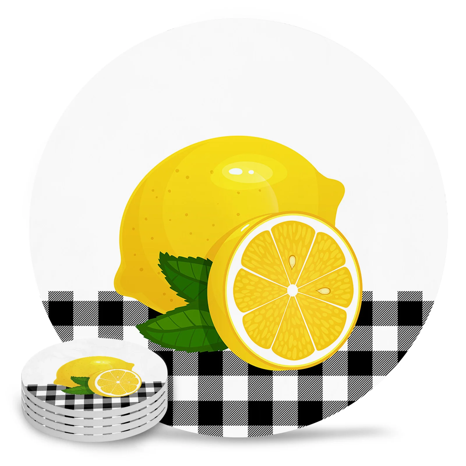 Fruit Lemon Black White Plaid Ceramic Coaster Set Kitchen Table Round Placemat Luxury Decor Coffee Tea Cup Coasters