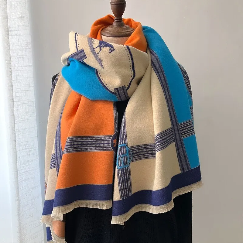 Moda de lujo bufanda de Cachemira de invierno diseño de mujeres manta de Pashmina cálida bufandas de caballo chal femenino wraps grueso Foulard