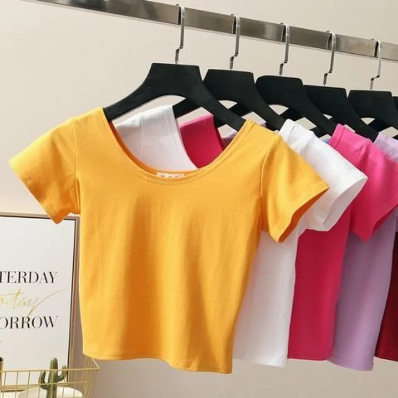 2024 Summer New Hotweet Casual Crop Top Women Fashion Trend O-Neck Short Sleeve T-Shirt  All-Match Slim Fit Basic Top Multicolor