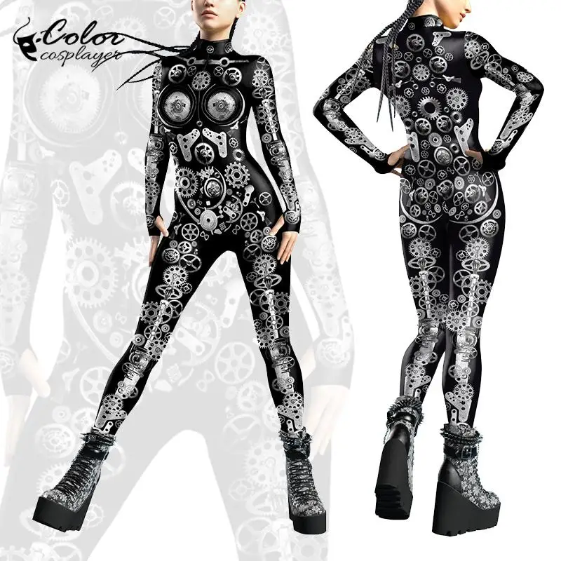 Color Cosplayer Halloween Zentai Party Machine Parts 3D Printing Cosplay Costume Jumpsuit Sexy Bodysuit Day of The Dead Catsuit