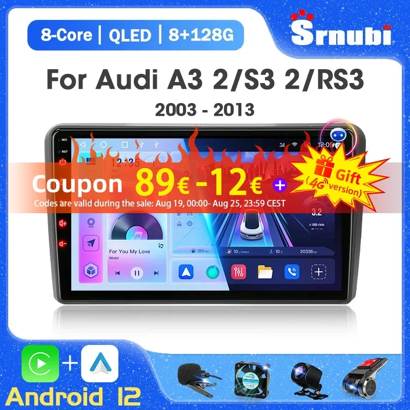 

2 Din Android 12 Car Radio For Audi A3 8P S3 RS3 Sportback 2003 - 2013 Multimedia Player Wirelss Carplay QLED GPS Auto Stereo