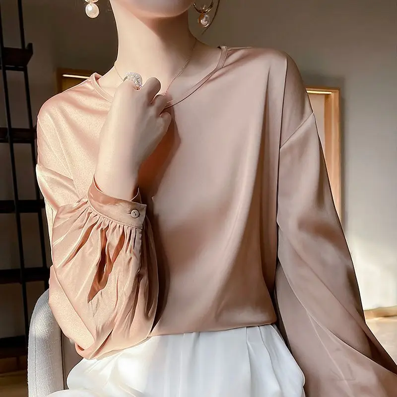 2024 Spring Loose Women\'s Shirt Solid Color Office Lady Tops O-Neck Long Sleeve T-Shirt Satin Silk Lantern Cuffs Women Clothing