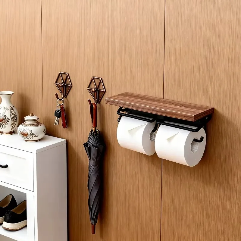 Wooden Toilet Paper Holder Wall Mounted Bathroom Tissue Roll Rack Shelf Double Roll Storage Organizer for Home Washroom Decor