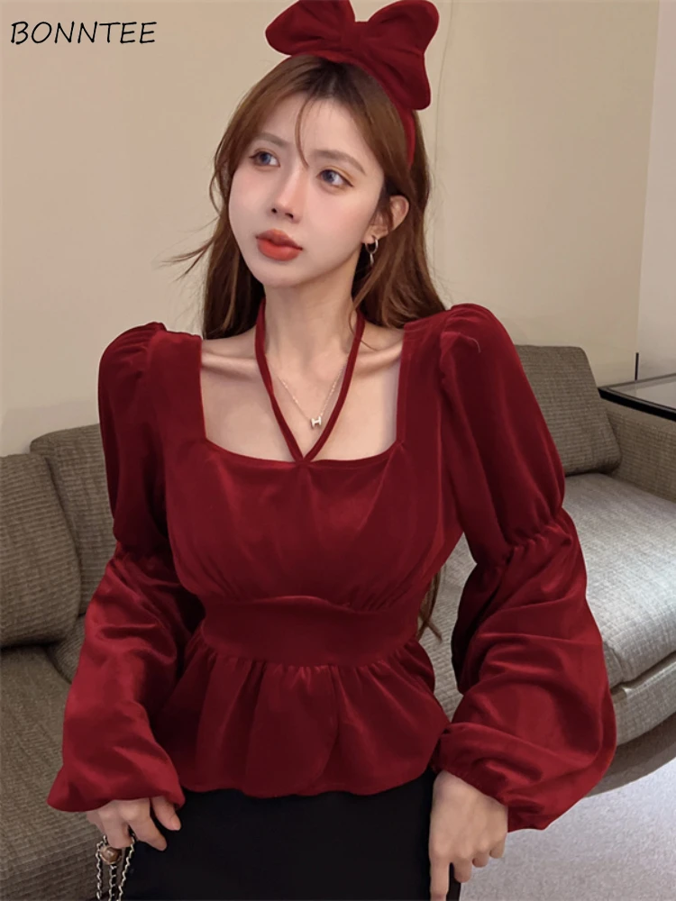 Red Shirts Women All-match Square Collar Lace Up Solid Y2k Tops Designed Casual New Year Christmas Autumn Basic Aesthetic Ins