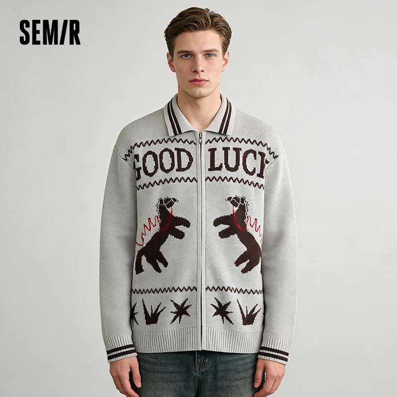 

Женский кардиган Semir 2026: Свободный крой, отложной воротник, молния, забавный принт, серый, с бейсбольным воротником, мягкий, теплый, повседневный топ