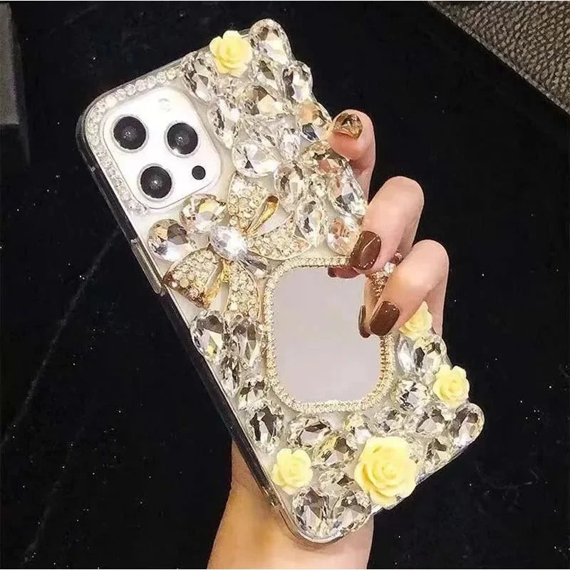 

Hard TPU Back Cover Case for iPhone 15, 14, 13, 12, 16 Pro MAX, Yellow Roses Decorate, Diamonds, Mirror Design, PC Mobile Phone