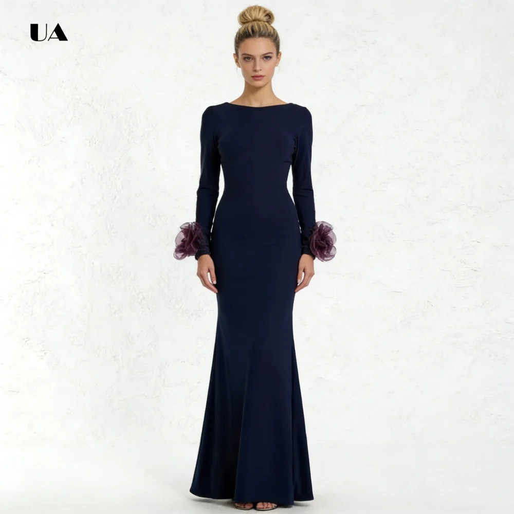 Simple Mermaid Prom Dress with Boat Neckline, Solid Long-sleeve Evening Dress with 3D Flowers, Classic Customized Party Gown