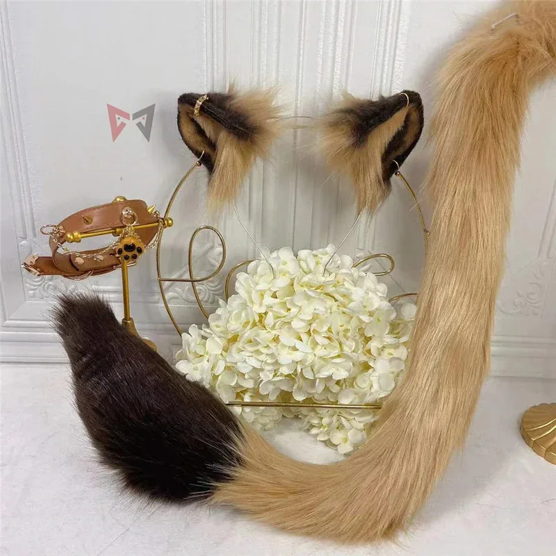 

New Hand Made Work Leona Beast Lion Ears Hairbands Hairhoop Headwear Tail Necklace Set For Game Party Costume Accessories